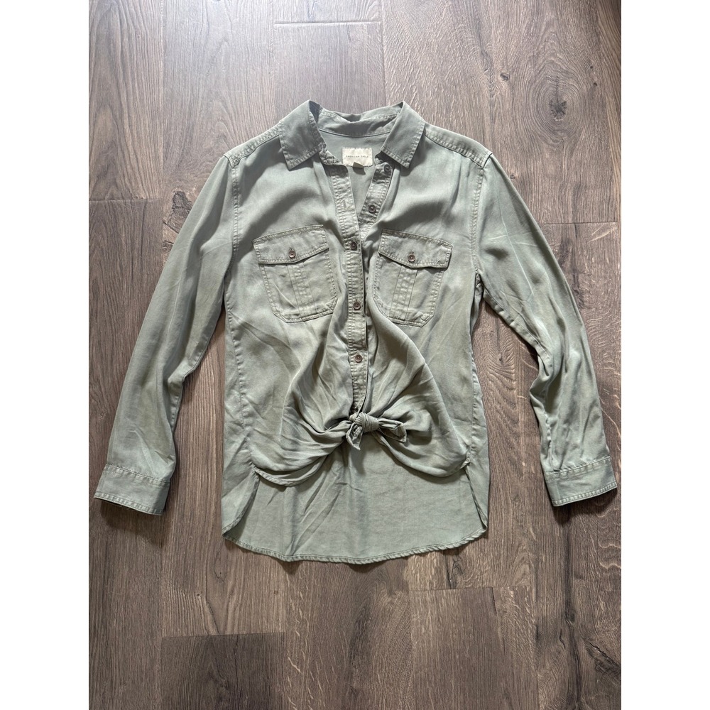 American Eagle Front Tie Button Down Shirt Small Olive Green Lyocell Excellent